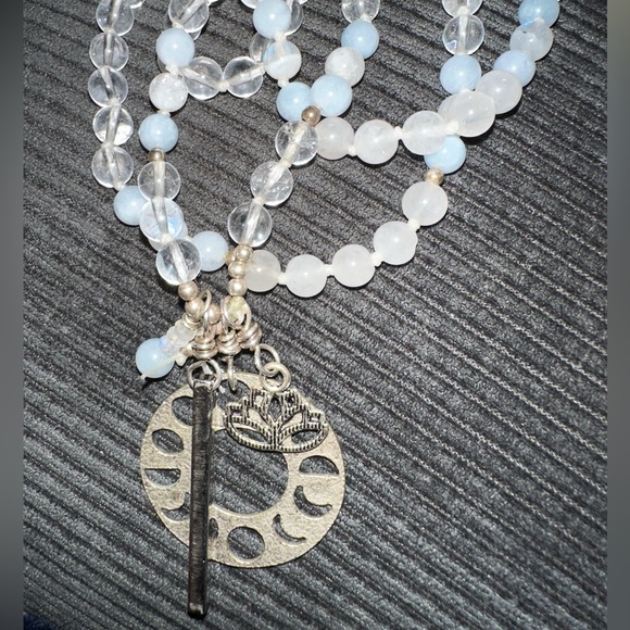 Quartz Crystal and moon stone Hand Knotted Mala Necklace - Picture 11 of 12